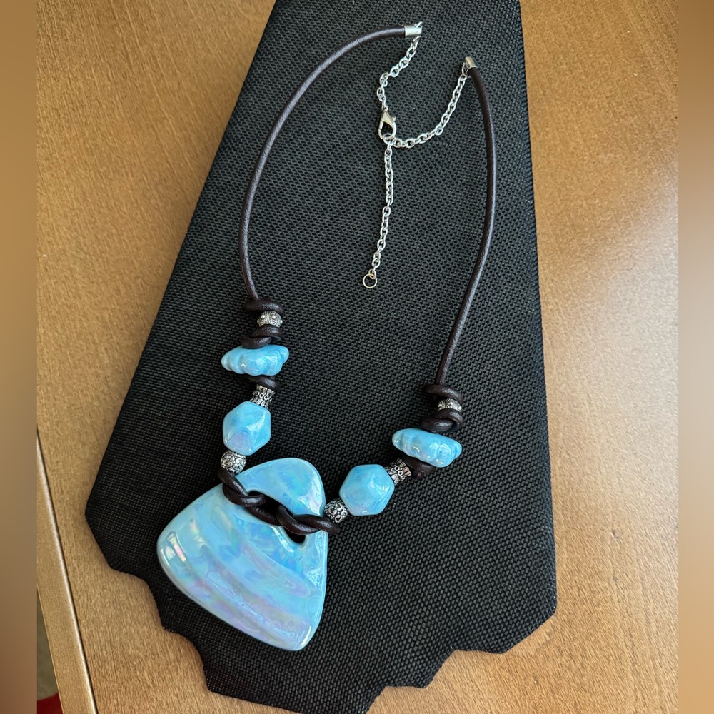 Chunky Blue Pendant Necklace on Leather